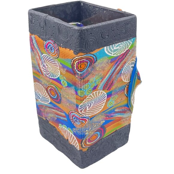 Collage Art Glass Vase Face Amid Multi-colors and Beads Stamped on Bottom - Picture 5 of 10